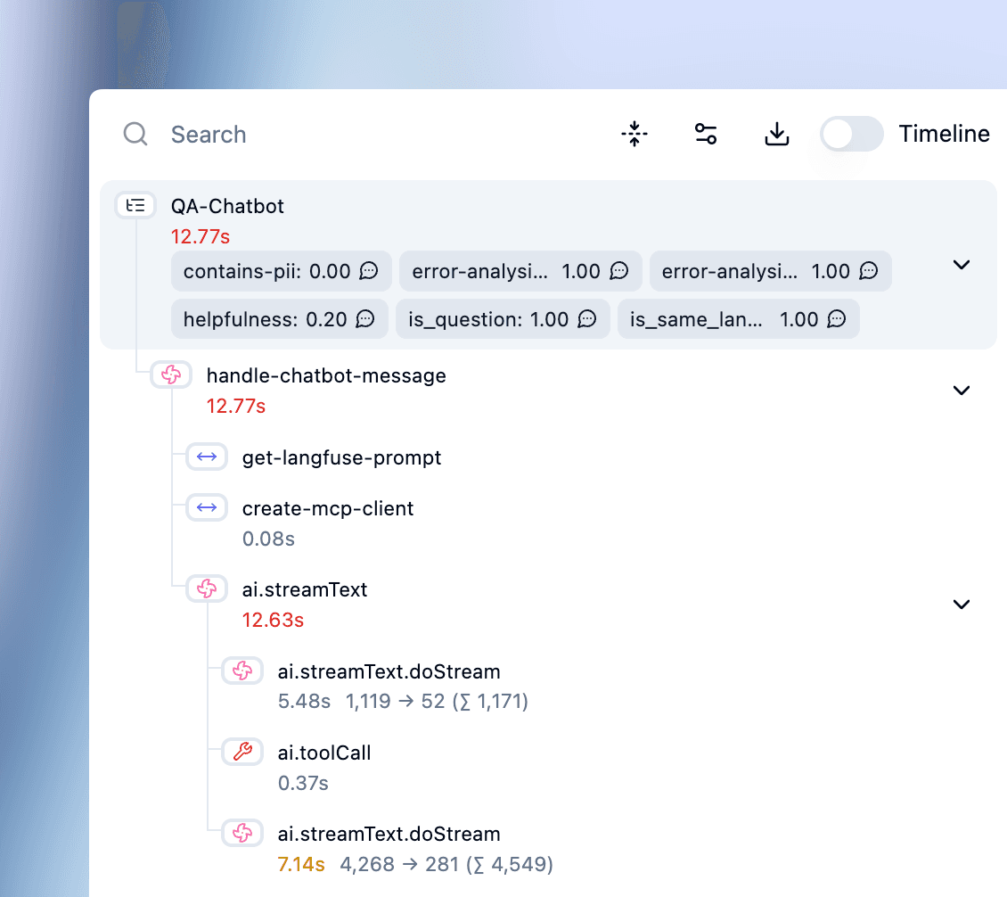 Brokle traces dashboard showing LLM call hierarchy with timing and token usage